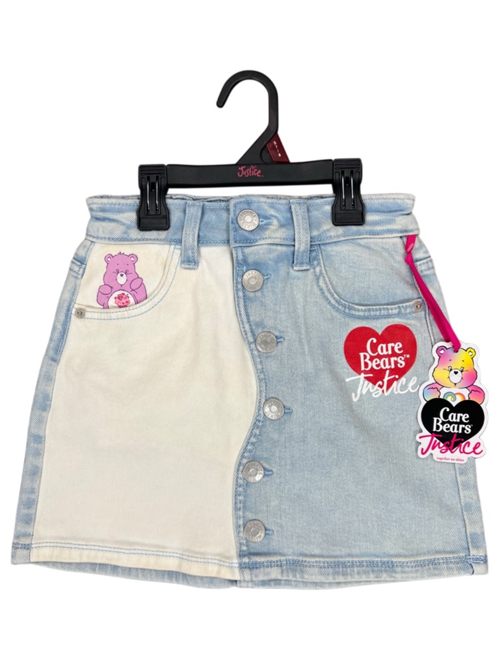 NWT Justice Care Bears Denim Skirt Girls S 7/8 Button Front Light Wash Skort